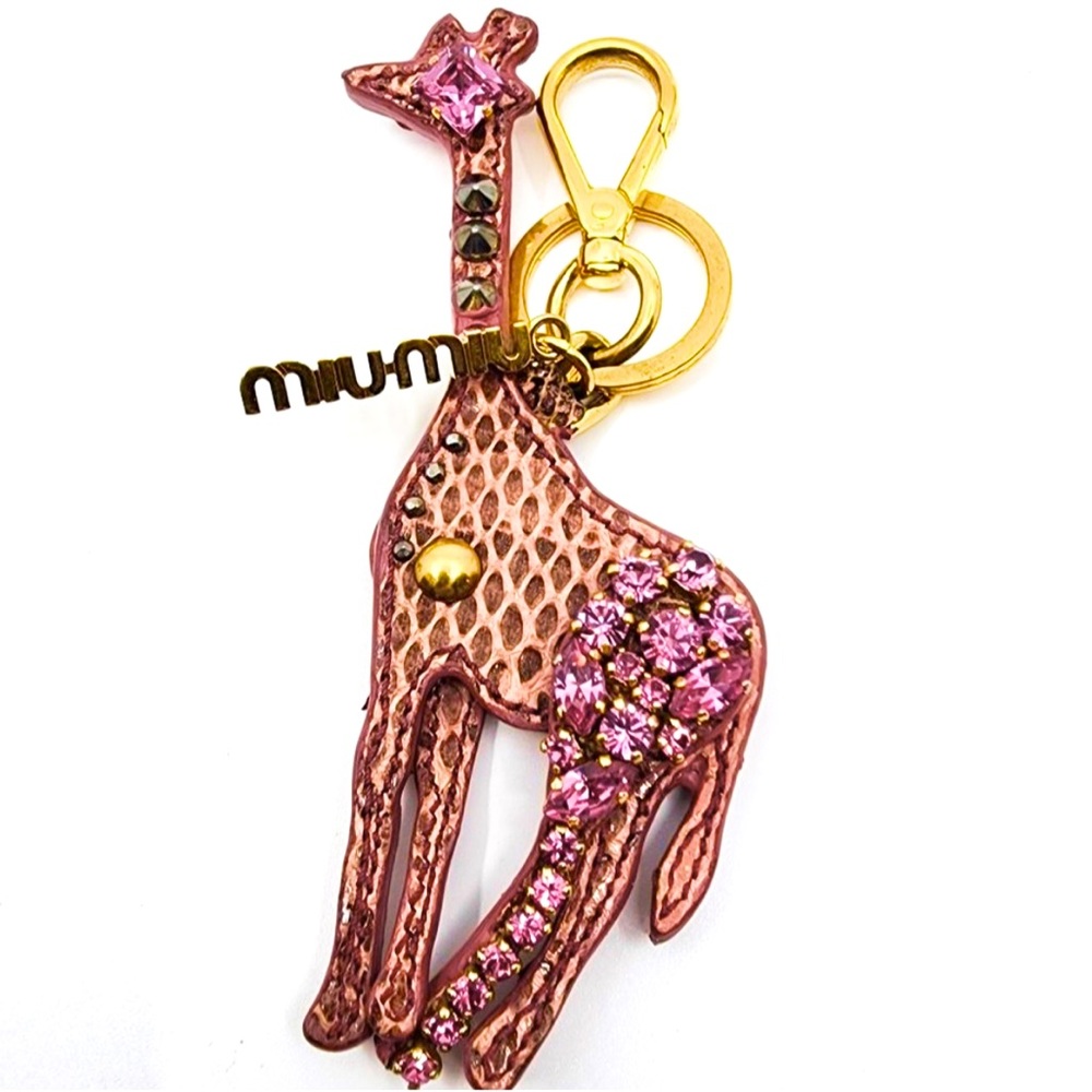 Miu Miu Pink Crystal & Leather Giraffe Logo Bag Charm/Keychain